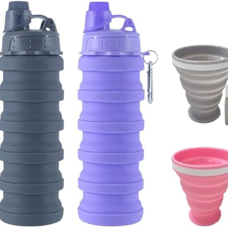 Collapsible Water Bottles 500 ml 2 pack with silicone collapsible cup 200 ml 2 pack,Travel Water Bottle Portable Hiking Water Bottle Reusable BPA Free Silicone Water Bottles.(Colorful)