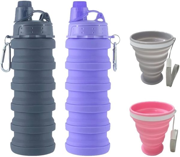 Collapsible Water Bottles 500 ml 2 pack with silicone collapsible cup 200 ml 2 pack,Travel Water Bottle Portable Hiking Water Bottle Reusable BPA Free Silicone Water Bottles.(Colorful)