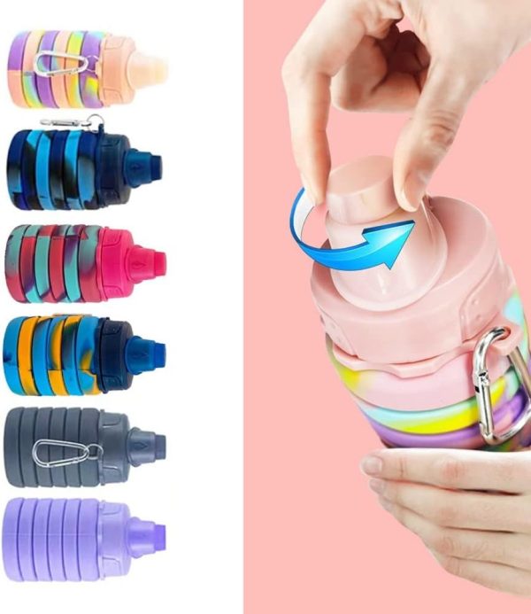 Collapsible Water Bottles 500 ml 2 pack with silicone collapsible cup 200 ml 2 pack,Travel Water Bottle Portable Hiking Water Bottle Reusable BPA Free Silicone Water Bottles.(Colorful) - Image 3