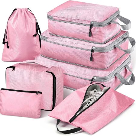 Hommtina Compression Packing Cubes for Suitcases, 7 Set Travel Organizer Cubes for Women (Light powder)