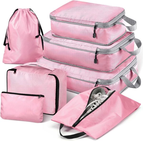 Hommtina Compression Packing Cubes for Suitcases, 7 Set Travel Organizer Cubes for Women (Light powder)