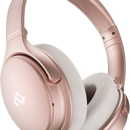 INFURTURE Upgrade Rose Gold Active Noise Cancelling Headphones with Microphone Wireless Over Ear Bluetooth, Deep Bass, Memory Foam Ear Cups, Quick Charge 90H Playtime, for TV, Travel, Home Office