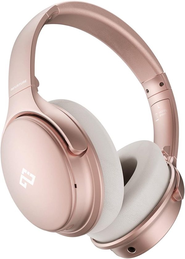 INFURTURE Upgrade Rose Gold Active Noise Cancelling Headphones with Microphone Wireless Over Ear Bluetooth, Deep Bass, Memory Foam Ear Cups, Quick Charge 90H Playtime, for TV, Travel, Home Office