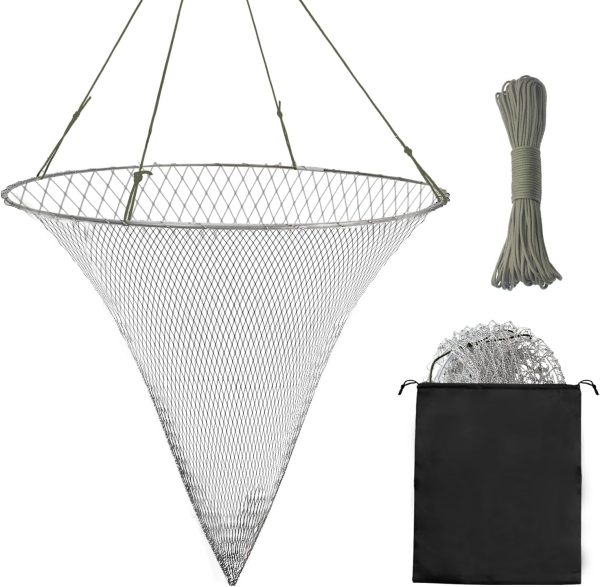 Portable Bridge and Pier Fishing Net, 32" Heavy-Duty Fishing Cast Nylon Mesh Drop Net with Rope for Pier Fishing